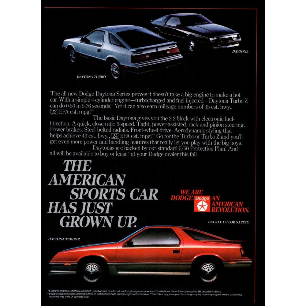 1984 Dodge Daytona Turbo Z Hatchback Vintage Print Ad 80s Sports Car Wall Art